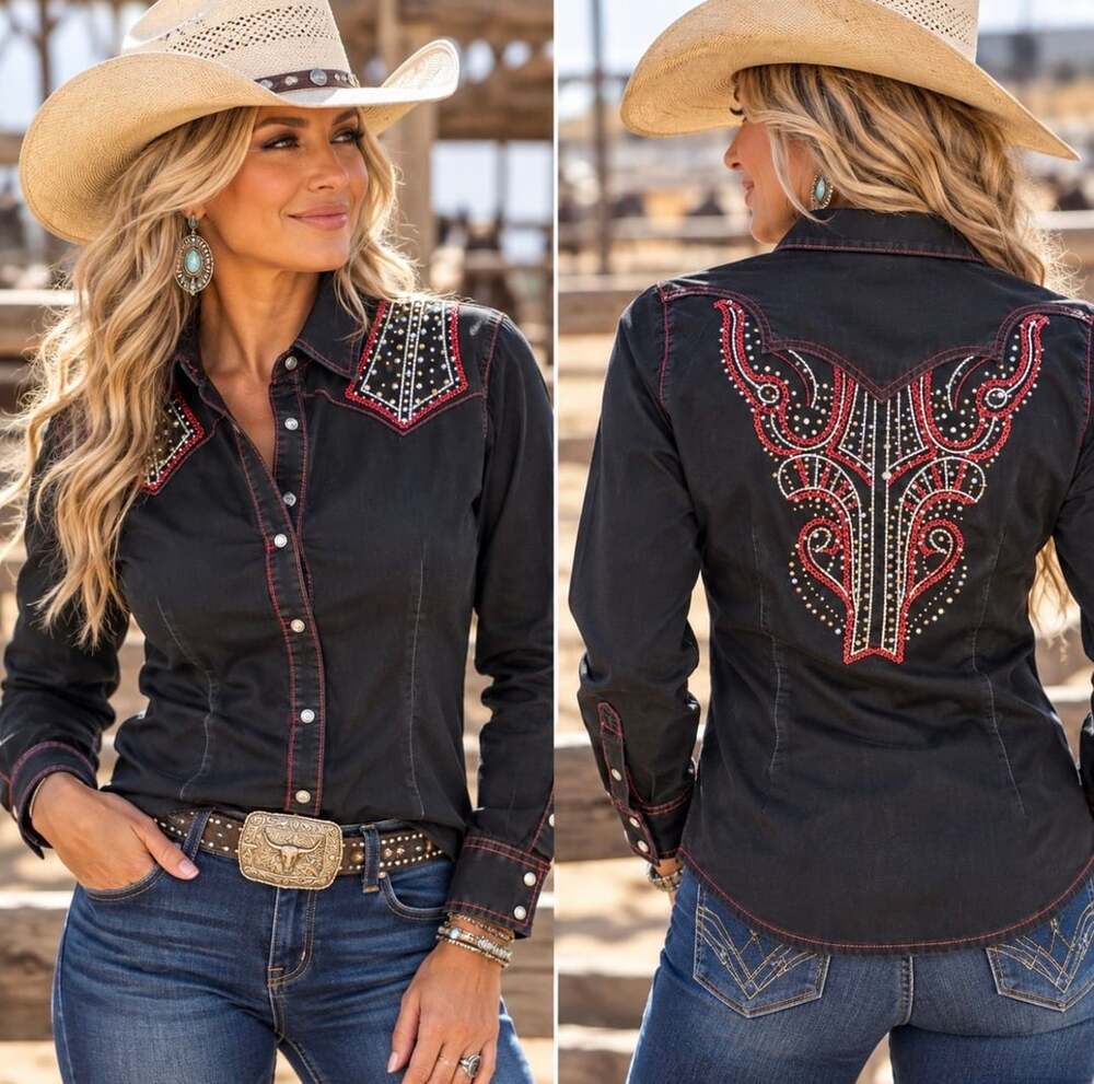 Rock 47 By Wrangler Western Shirt Size XL Black Red Stitching Embellished